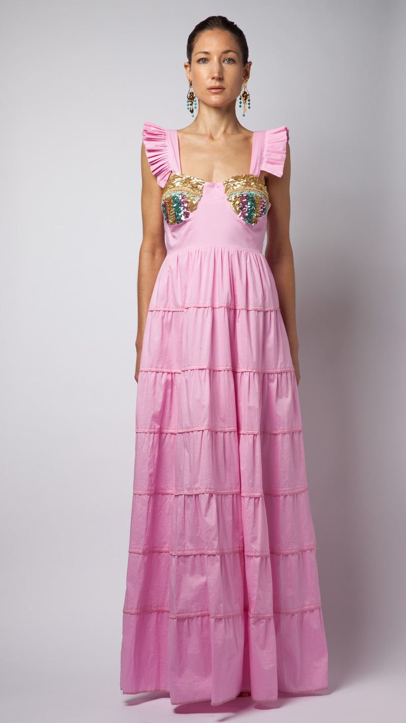 Pink Ruffle Sequin Embellished Cotton-Poplin Dress